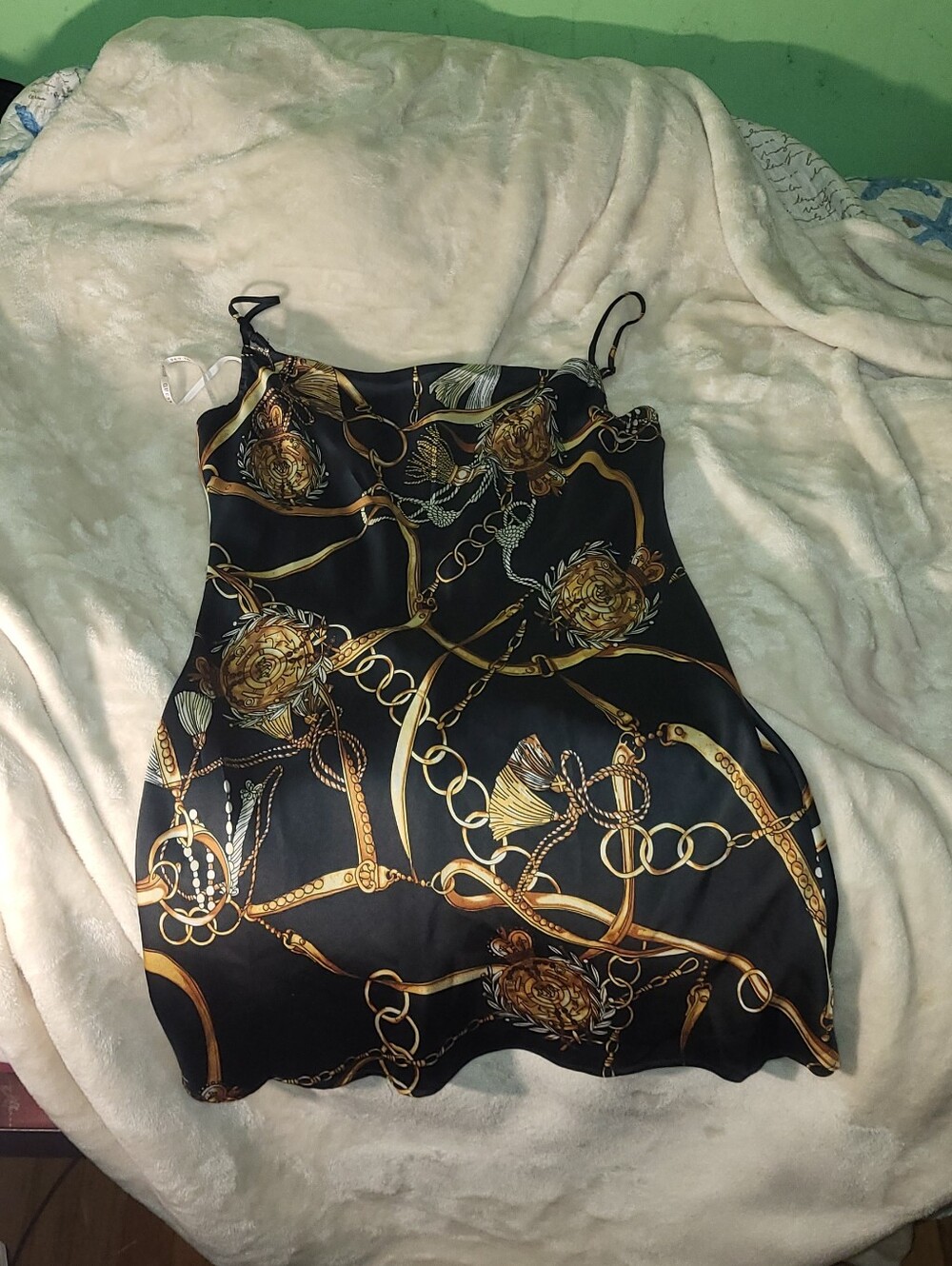 Guess Black Mini Slip Dress with Gold Chain Print - Picture 1 of 2